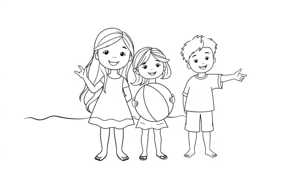 Kleurplaat van drie lachende kinderen op het strand: een groter meisje met lang haar, een jonger meisje met een strandbal, en een jongen die iets aanwijst.