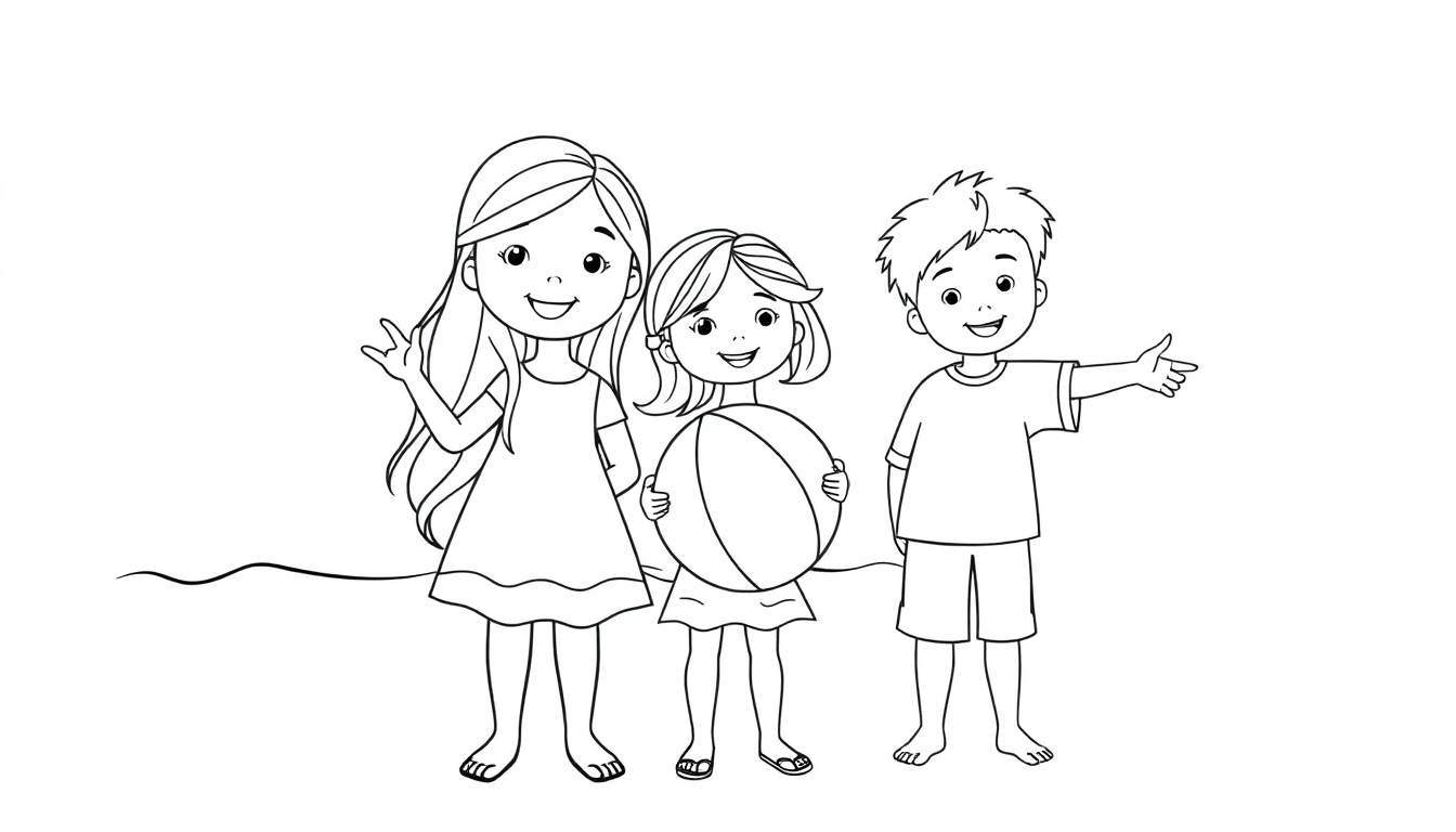 Kleurplaat van drie lachende kinderen op het strand: een groter meisje met lang haar, een jonger meisje met een strandbal, en een jongen die iets aanwijst.