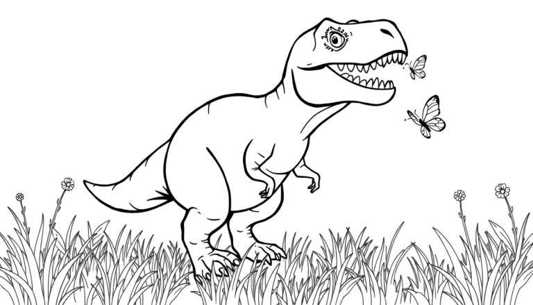 Kleurplaat van een vriendelijke T-Rex in een veld met vlinders.