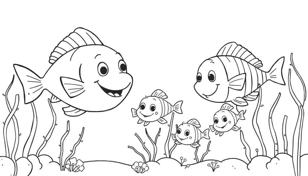 Zwart-wit kleurplaat van een vrolijke vissenfamilie onder water met planten.