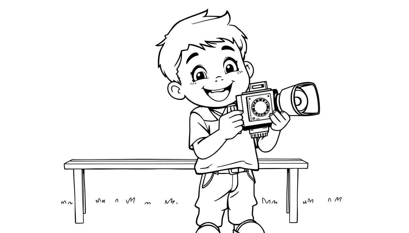 Kleurplaat van een vrolijke jongen die met een oude videocamera vlogt.