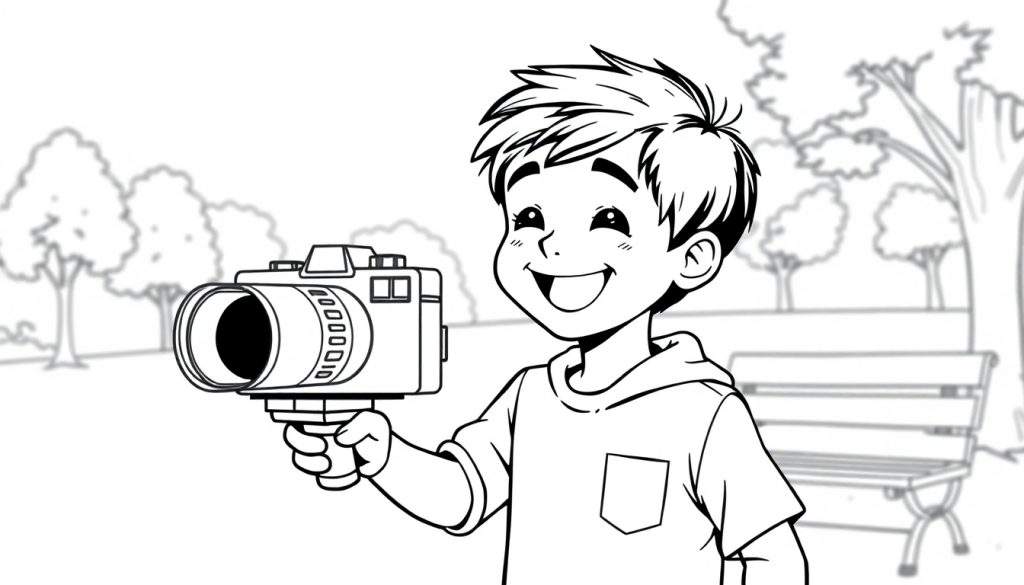 Zwart-wit kleurplaat van een vrolijke jongen die een camera vasthoudt in een park.