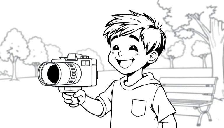 Zwart-wit kleurplaat van een vrolijke jongen die een camera vasthoudt in een park.