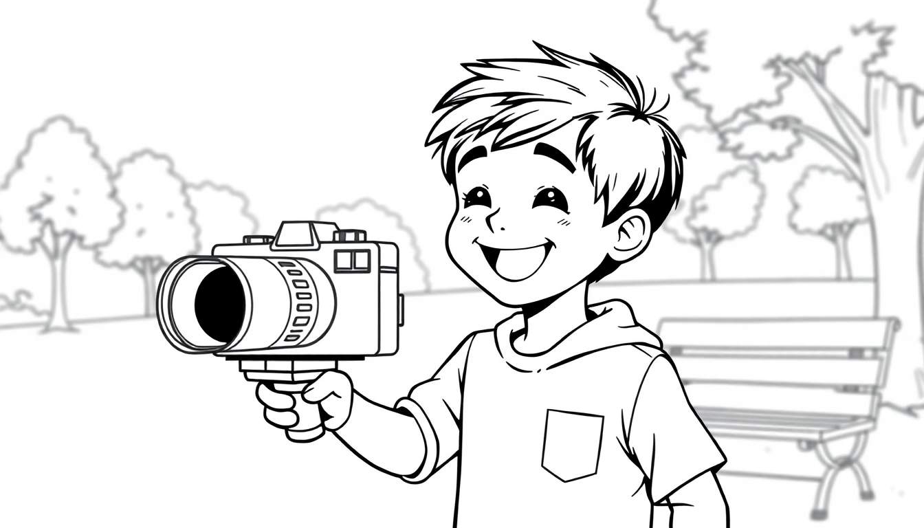 Zwart-wit kleurplaat van een vrolijke jongen die een camera vasthoudt in een park.