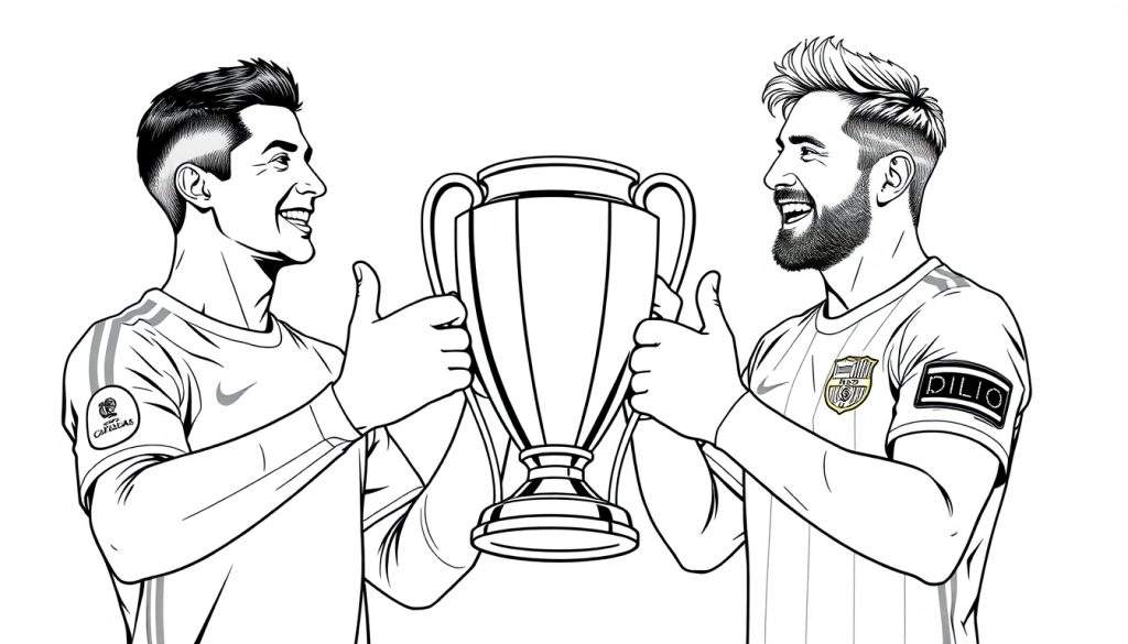 Kleurplaat van twee blije voetballers die een trofee omhoog houden.