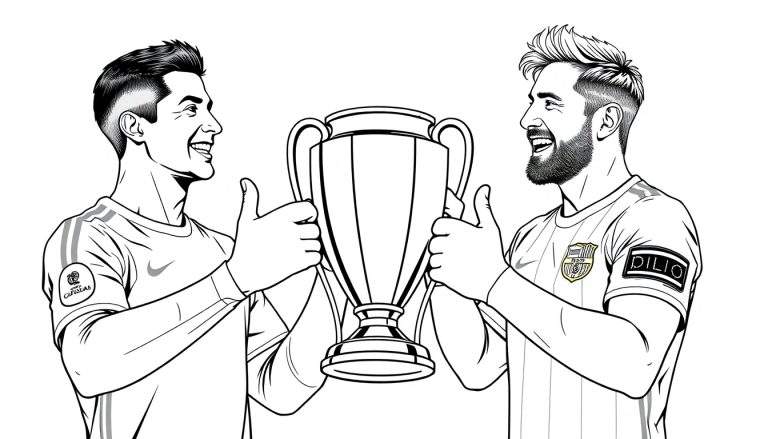 Kleurplaat van twee blije voetballers die een trofee omhoog houden.