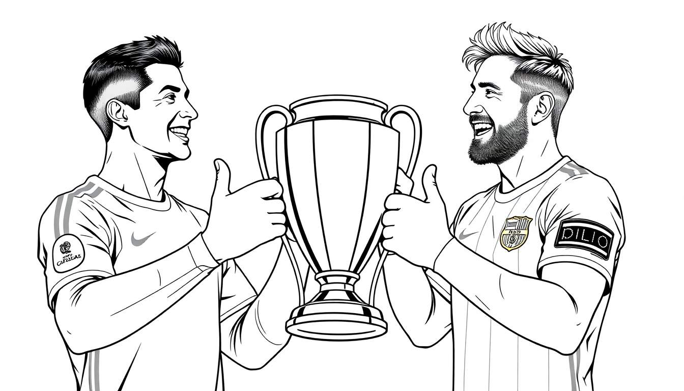 Kleurplaat van twee blije voetballers die een trofee omhoog houden.