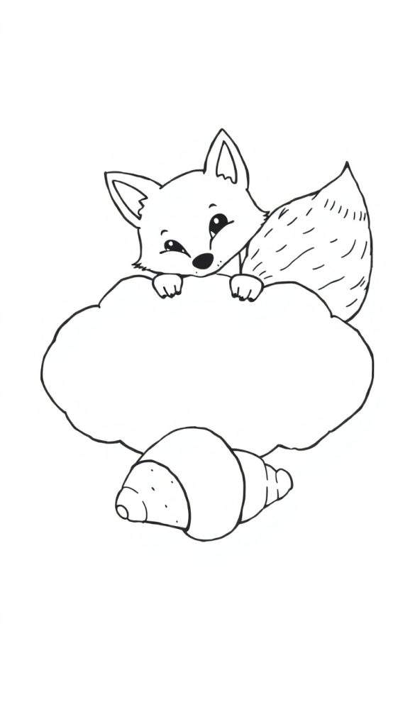 Zwart-wit kleurplaat van een schattige vos die uit een wolk kijkt met kleine pootjes, met een mini-croissant eronder.