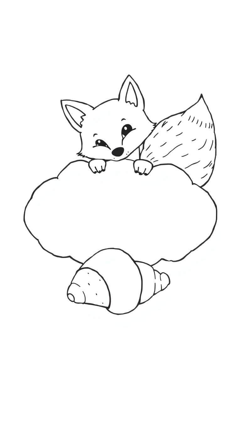 Zwart-wit kleurplaat van een schattige vos die uit een wolk kijkt met kleine pootjes, met een mini-croissant eronder.