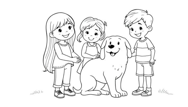 Kleurplaat: Drie lachende kinderen die een blije hond aaien.