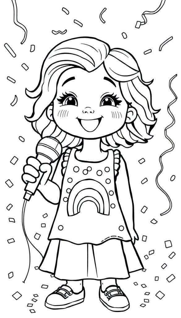 Een vrolijk meisje zingt met een microfoon, omringd door confetti en slingers. Een kleurplaat voor jonge zangers.