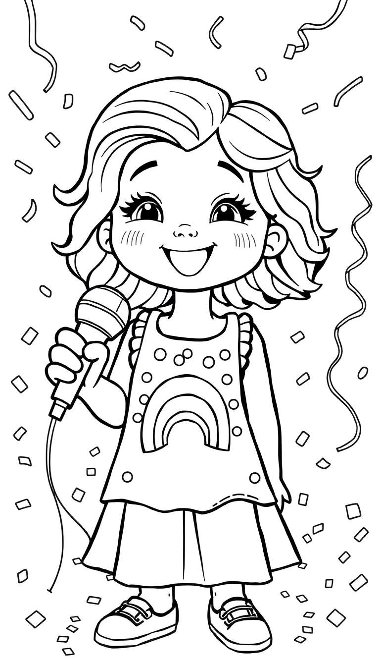 Een vrolijk meisje zingt met een microfoon, omringd door confetti en slingers. Een kleurplaat voor jonge zangers.