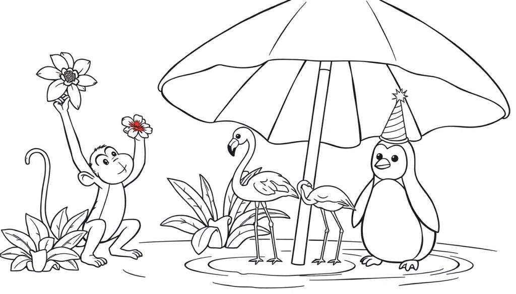Zomerse kleurplaat met een aap die bloemen vasthoudt, beschermd onder een parasol met een pinguïn en flamingo's.