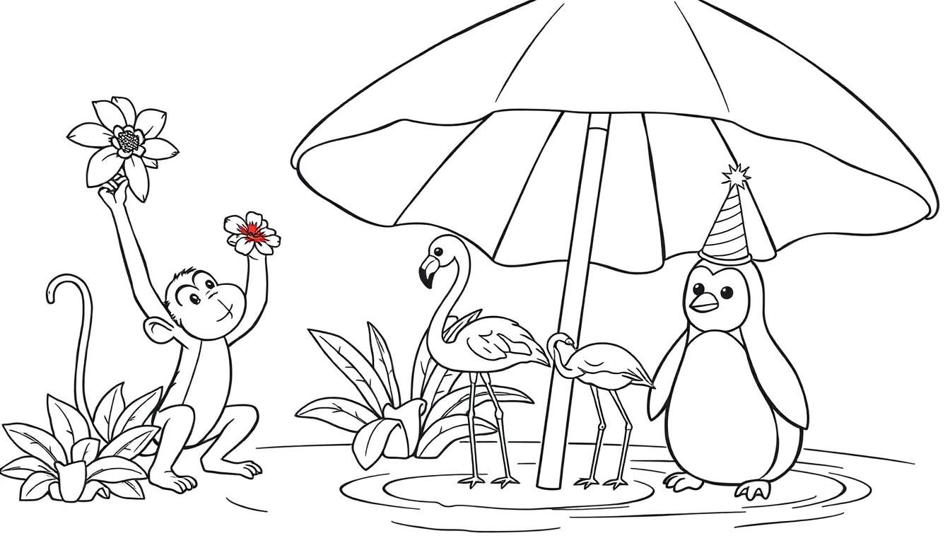 Zomerse kleurplaat met een aap die bloemen vasthoudt, beschermd onder een parasol met een pinguïn en flamingo's.