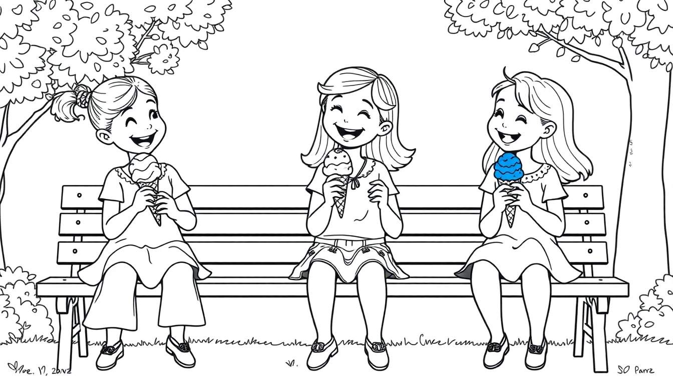 Zwart-wit kleurplaat van drie lachende meisjes met ijsjes op een bankje in een park.