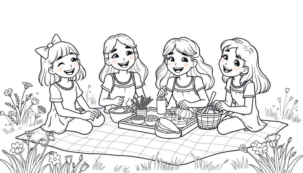 Zwart-wit kleurplaat van vier blije meisjes die een picknick houden in de natuur.