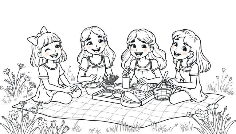 Zwart-wit kleurplaat van vier blije meisjes die een picknick houden in de natuur.