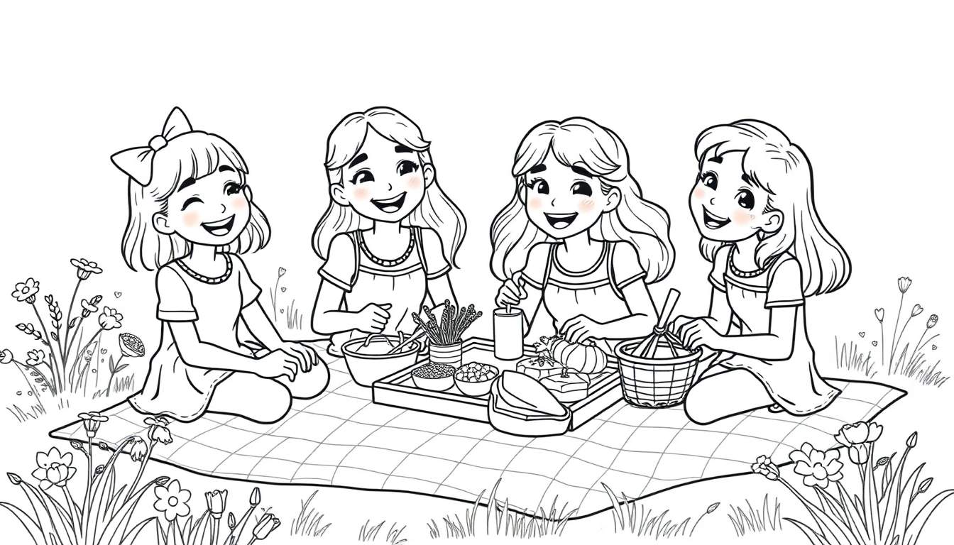 Zwart-wit kleurplaat van vier blije meisjes die een picknick houden in de natuur.