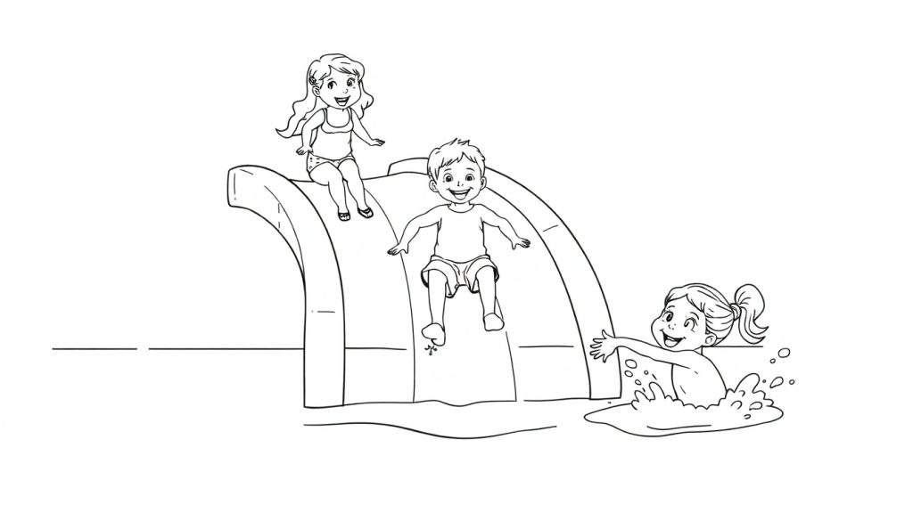 Kleurplaat van drie lachende kinderen op een waterglijbaan in een zwembad.