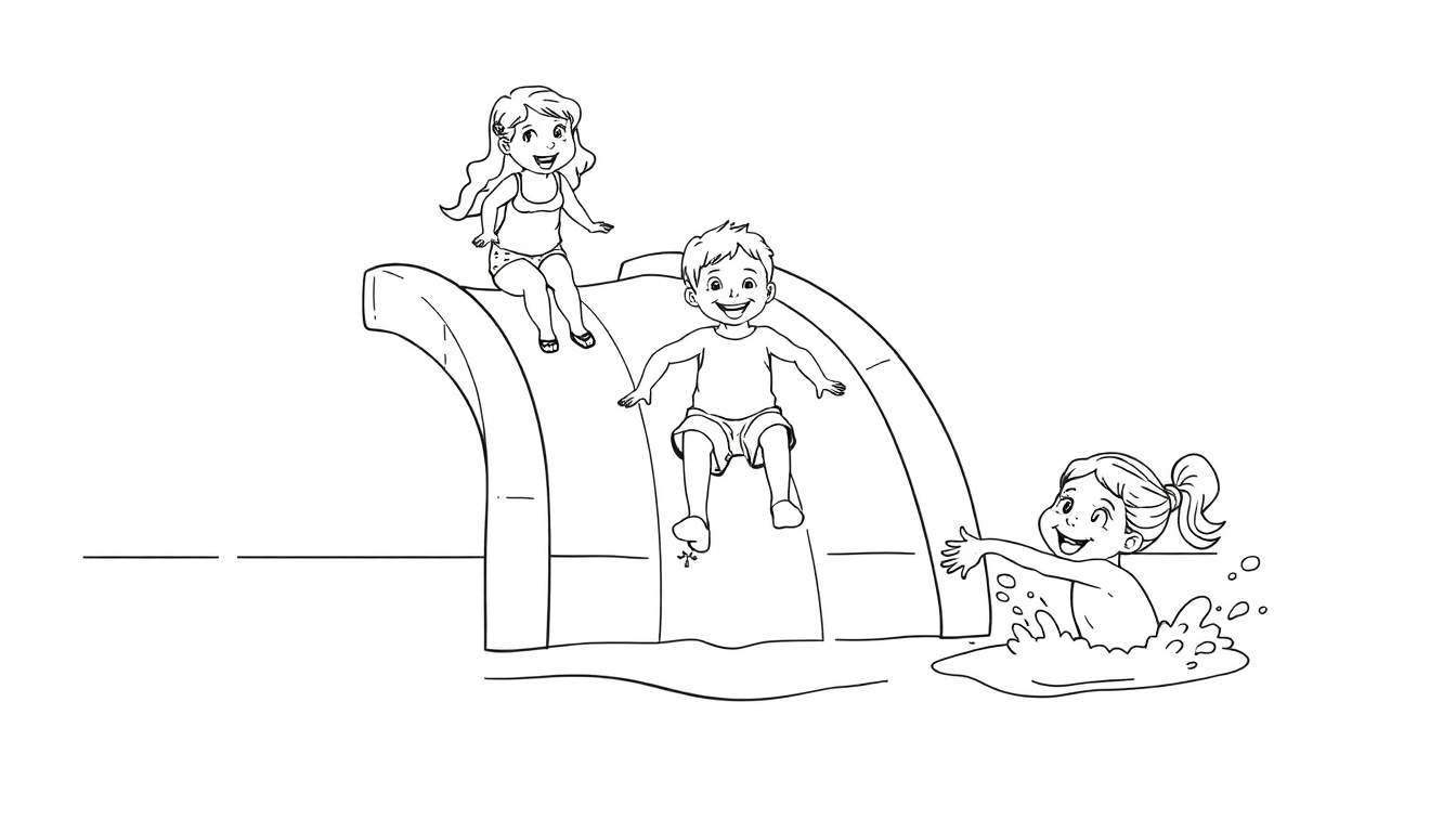 Kleurplaat van drie lachende kinderen op een waterglijbaan in een zwembad.