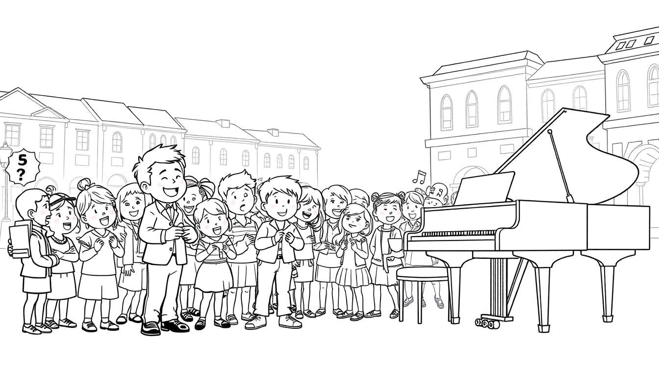 Kleurplaat van kinderen met een dirigent en pianist.