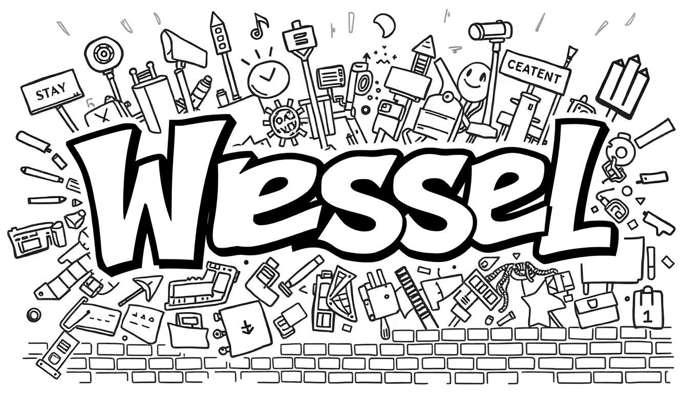 Zwart-wit kleurplaat van de naam Wessel in graffiti stijl met kleine tekeningen eromheen.