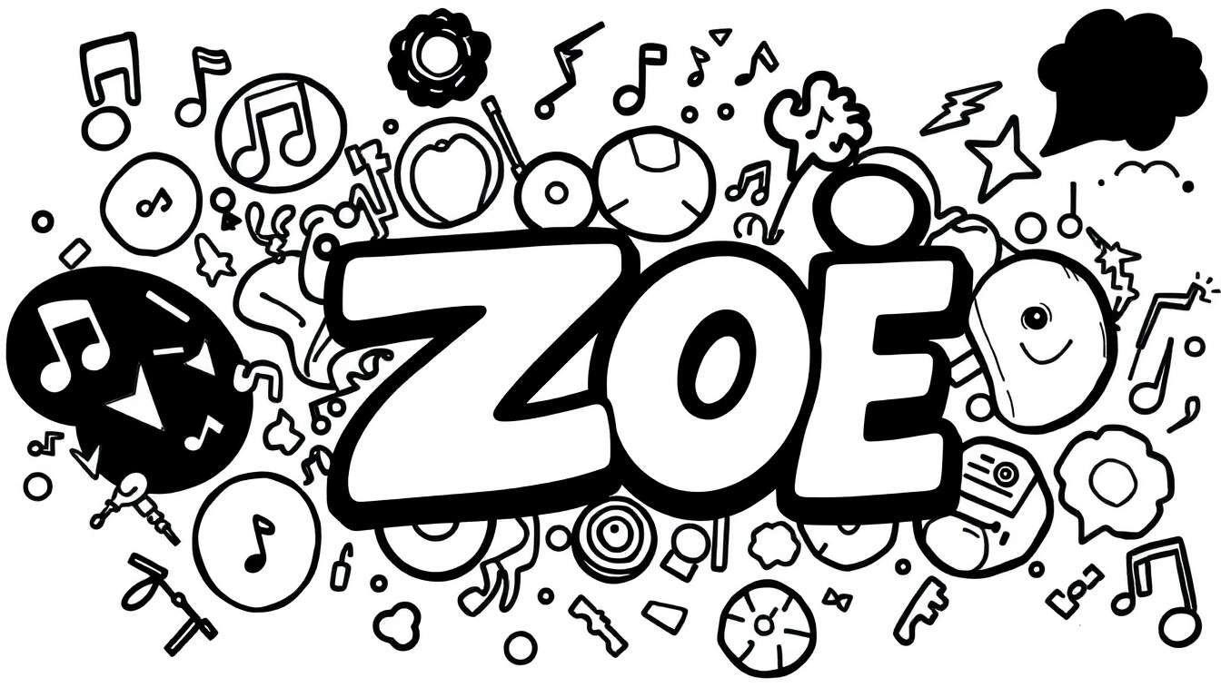 Een zwart-witte kleurplaat met de naam ZOE in grote letters omringd door muzikale en grafische doodles.