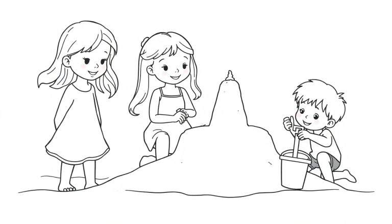 Kleurplaat van drie kinderen, twee meisjes en een jongen, die samen een zandkasteel bouwen op het strand.
