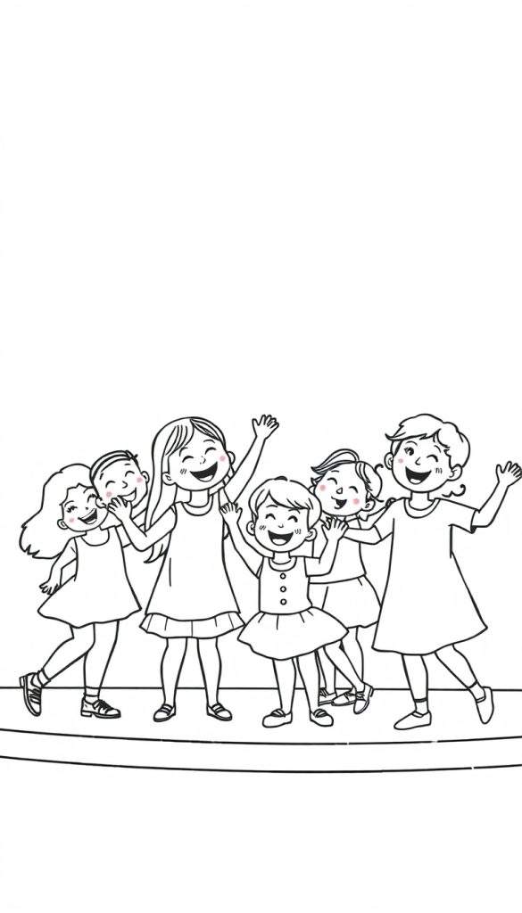 Zwart-wit kleurplaat van zes lachende meisjes op een podium die zwaaien.