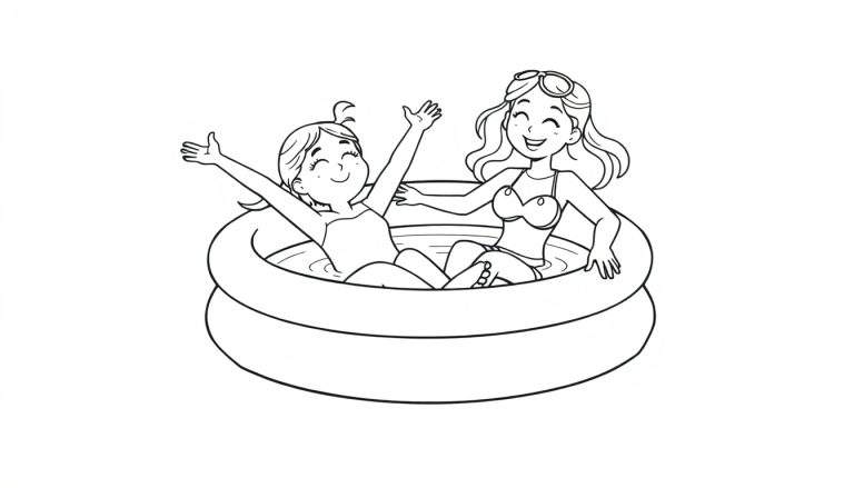 Kleurplaat van twee lachende meisjes in een opblaasbaar zwembad.