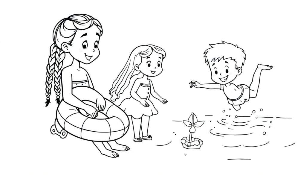 Kleurplaat van drie kinderen die op het strand spelen, met een meisje in een zwemband, een kijkend meisje en een jongen die in het water springt.