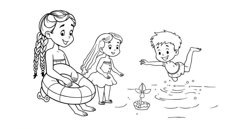 Kleurplaat van drie kinderen die op het strand spelen, met een meisje in een zwemband, een kijkend meisje en een jongen die in het water springt.