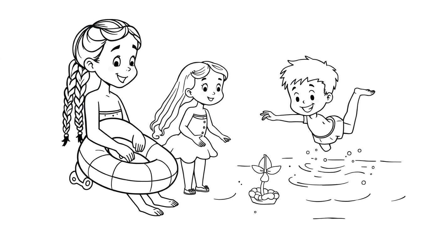 Kleurplaat van drie kinderen die op het strand spelen, met een meisje in een zwemband, een kijkend meisje en een jongen die in het water springt.