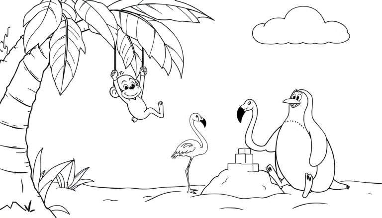 Zomerse kleurplaat met een aap aan een liaan, twee flamingo's en een pinguïn met een flamingo nek.