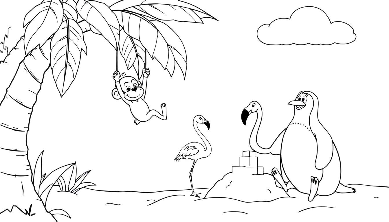 Zomerse kleurplaat met een aapje aan een liaan, twee flamingo's en een pinguïn in een tropische omgeving.