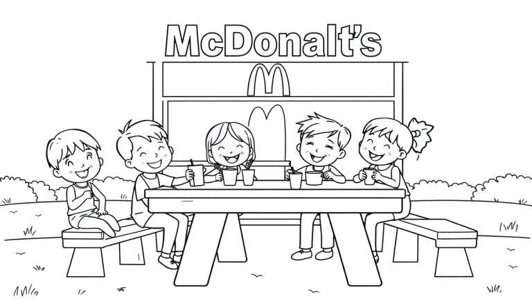 Kleurplaat van kinderen die buiten bij McDonald's van drankjes genieten.