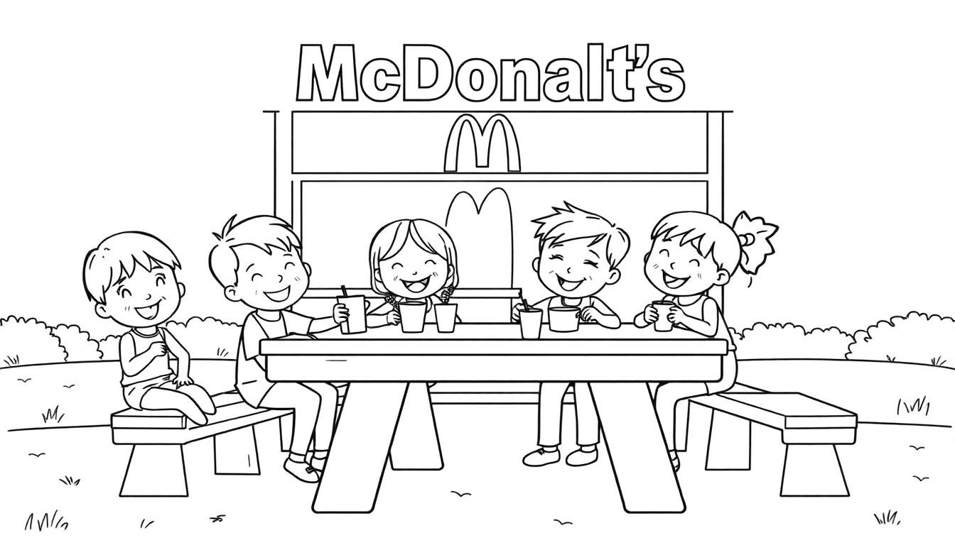 Kleurplaat van kinderen die buiten bij McDonald's van drankjes genieten.