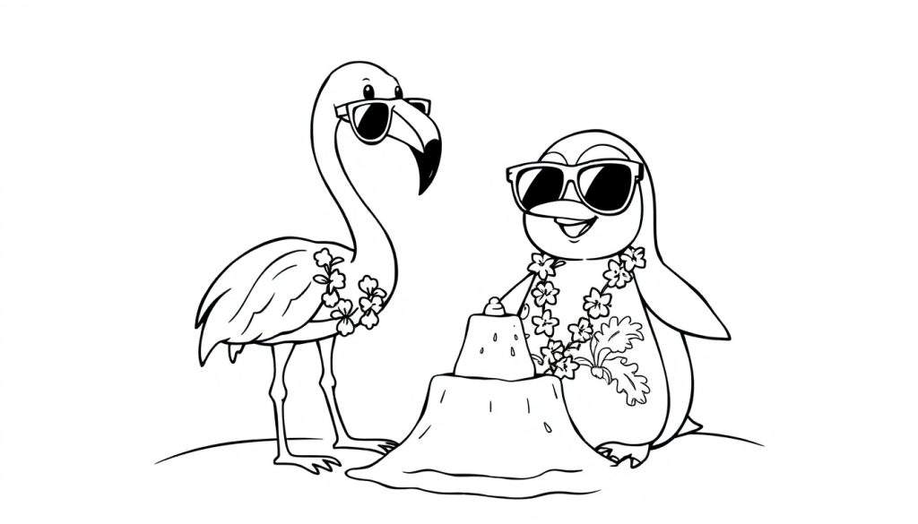 Kleurplaat van een lachende flamingo en een pinguïn met zonnebril en bloemenkrans op het strand, bij een zandkasteel.