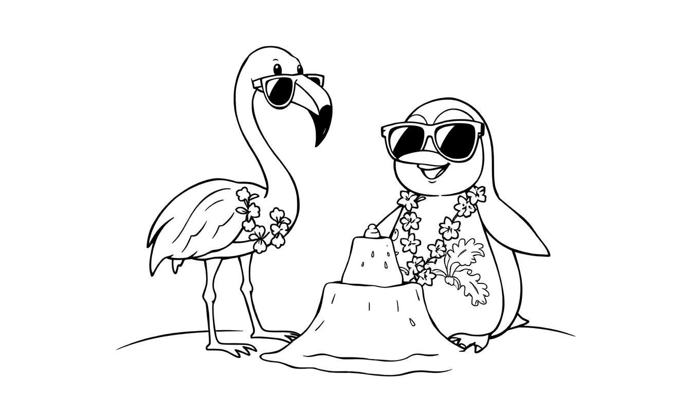 Kleurplaat van een lachende flamingo en een pinguïn met zonnebril en bloemenkrans op het strand, bij een zandkasteel.