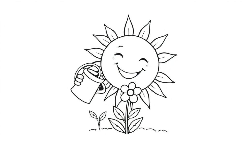 Kleurplaat van een lachende zon die water geeft aan een bloem.