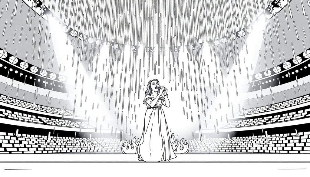 Kleurplaat van Adele die zingt met regen en vuur in een stadion.