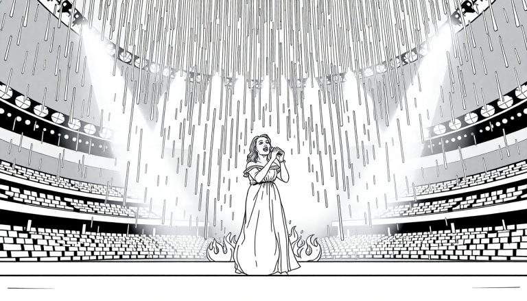 Kleurplaat van Adele die zingt met regen en vuur in een stadion.