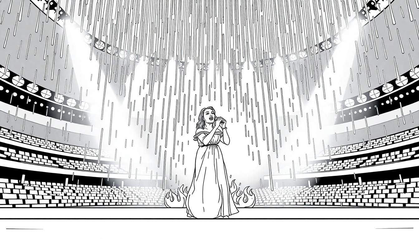 Kleurplaat van Adele die zingt met regen en vuur in een stadion.