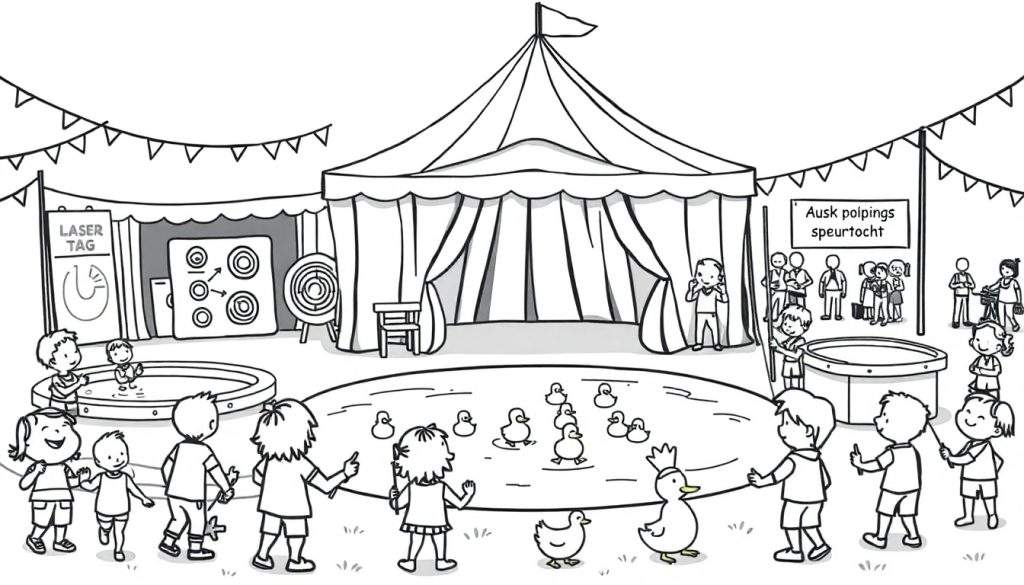 Kleurplaat van een levendig kinderfestival met een grote circustent, eendjes vissen, lasergamen en een speurtocht, omringd door vrolijke kinderen en kleurrijke vlaggen.