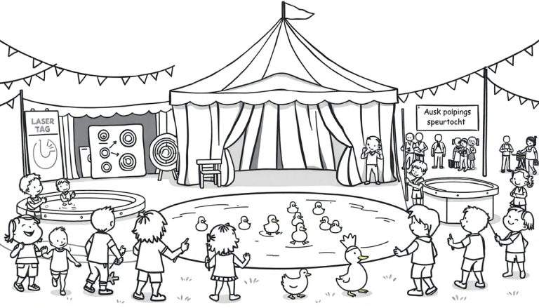 Kleurplaat van een levendig kinderfestival met een grote circustent, eendjes vissen, lasergamen en een speurtocht, omringd door vrolijke kinderen en kleurrijke vlaggen.