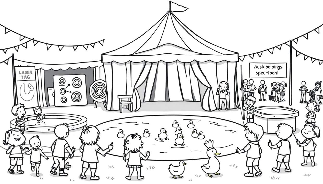 Kleurplaat van een levendig kinderfestival met een grote circustent, eendjes vissen, lasergamen en een speurtocht, omringd door vrolijke kinderen en kleurrijke vlaggen.
