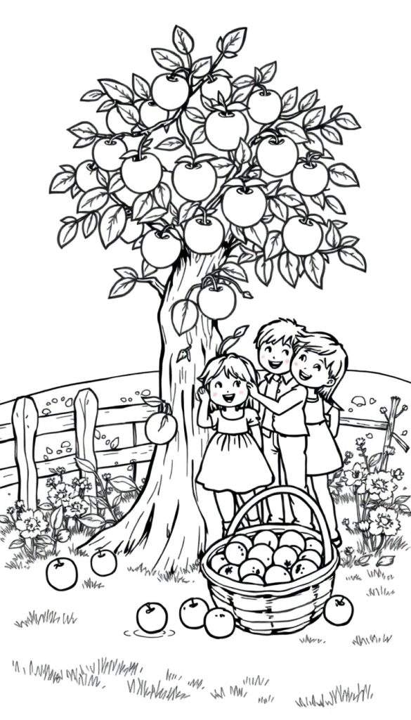 Zwart-wit kleurplaat van kinderen die appels plukken in een boomgaard.