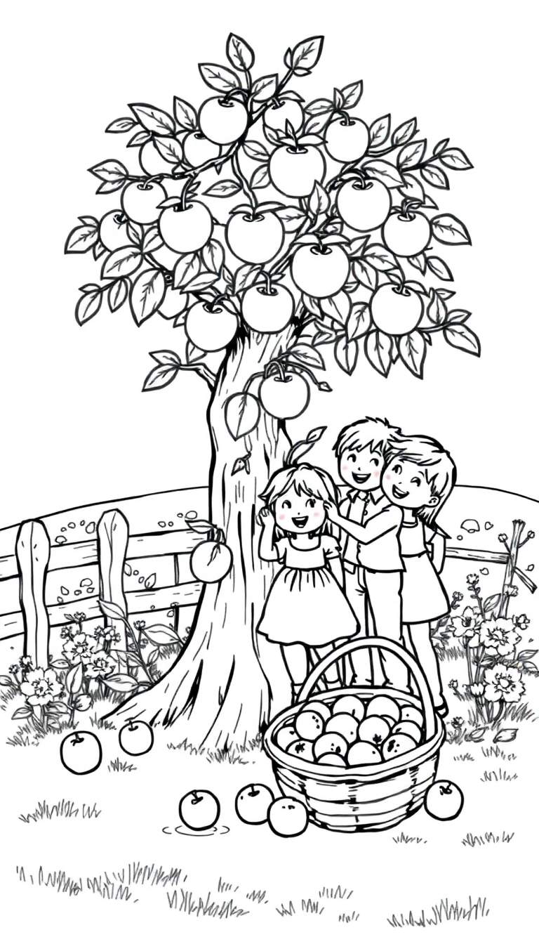 Zwart-wit kleurplaat van kinderen die appels plukken in een boomgaard.