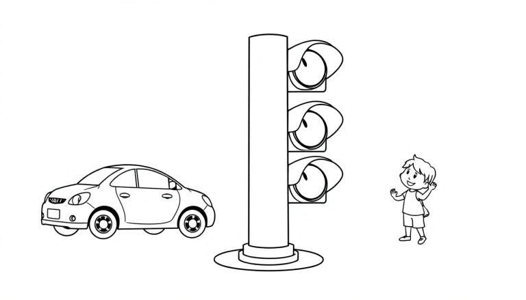 Kleurplaat: een auto, een stoplicht en een zwaaiend kind.