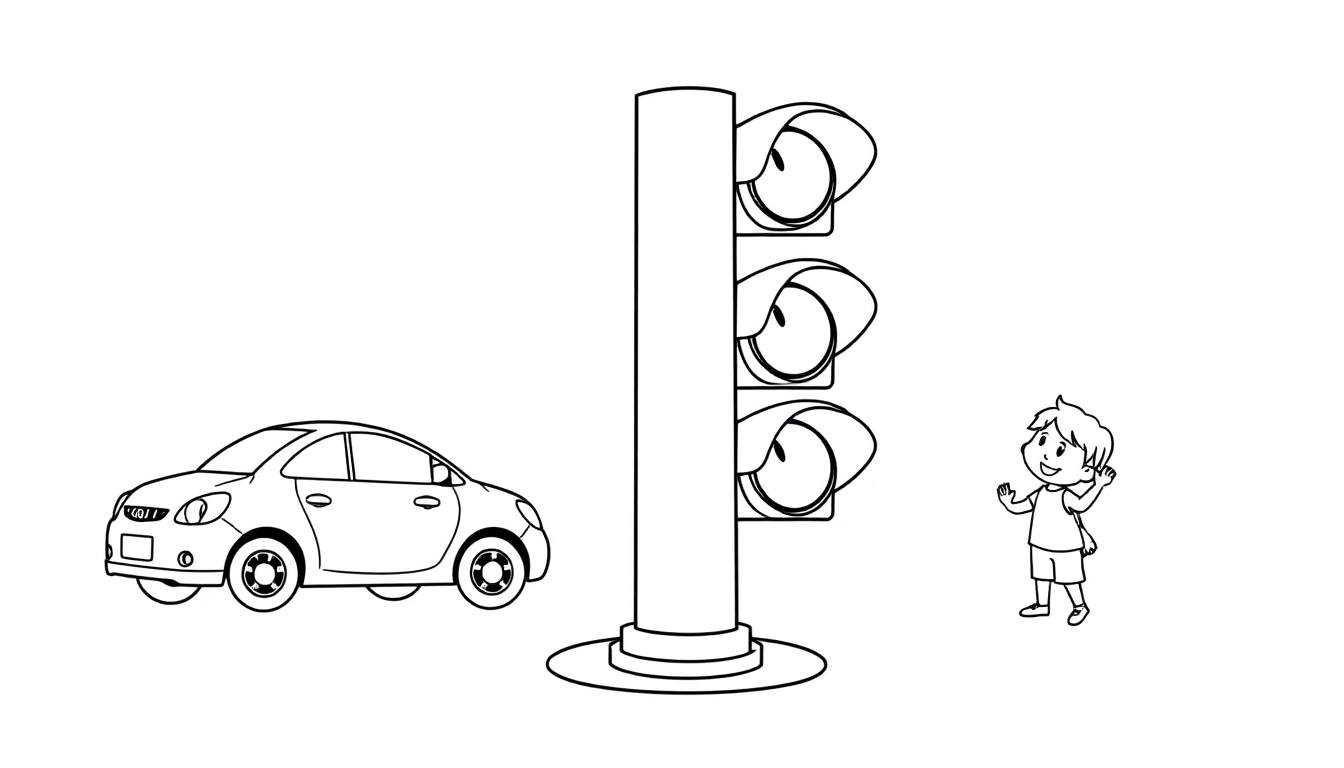 Kleurplaat: een auto, een stoplicht en een zwaaiend kind.